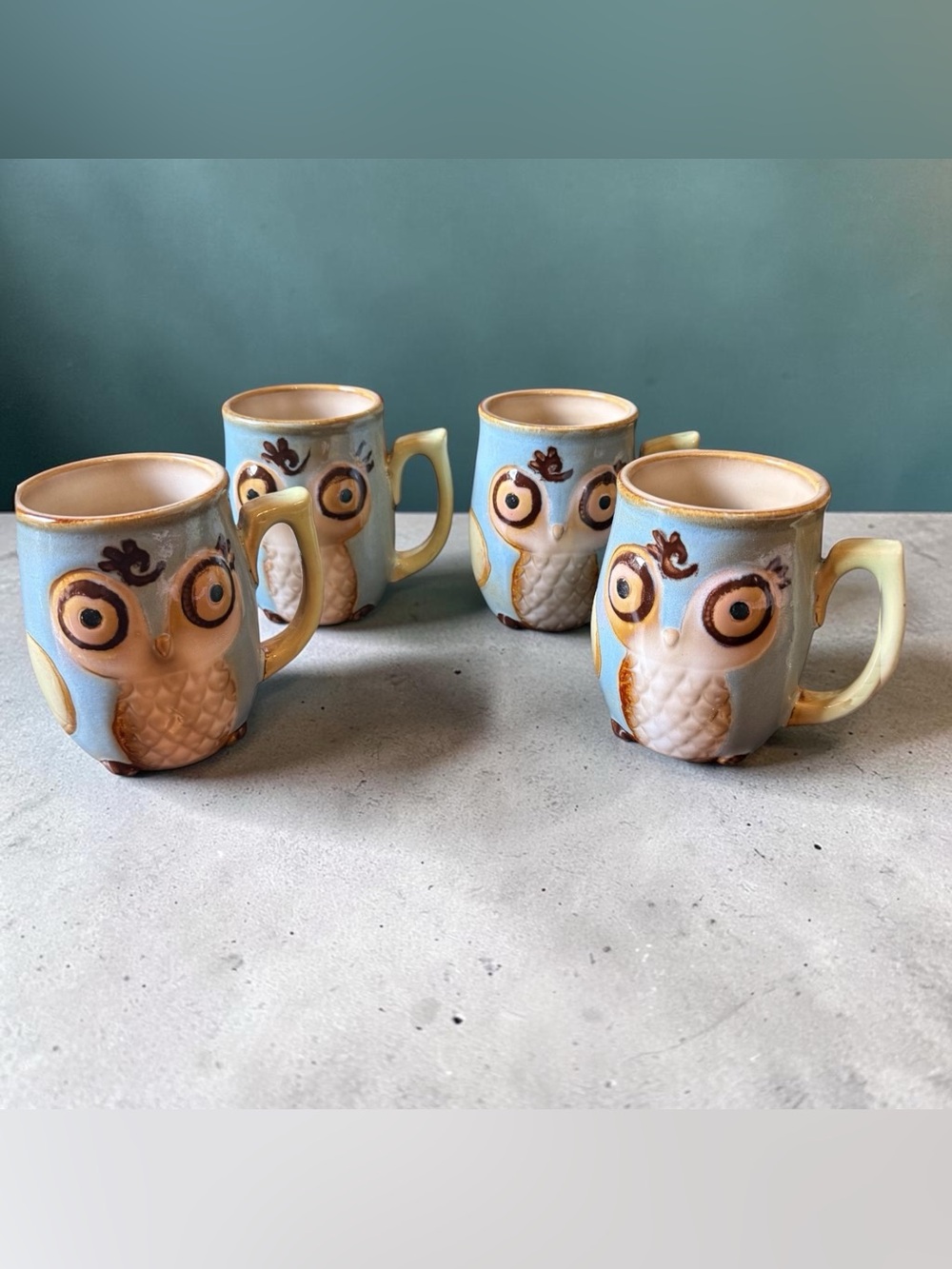 Gibson Home Owl (Lot of 4) Ceramic Coffee Mug 12 fl oz Green Blue